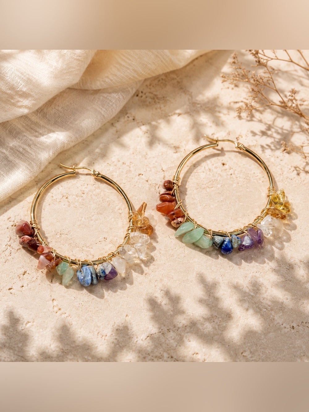 Gold Hoop Earrings with Multicolor Gemstone Chips